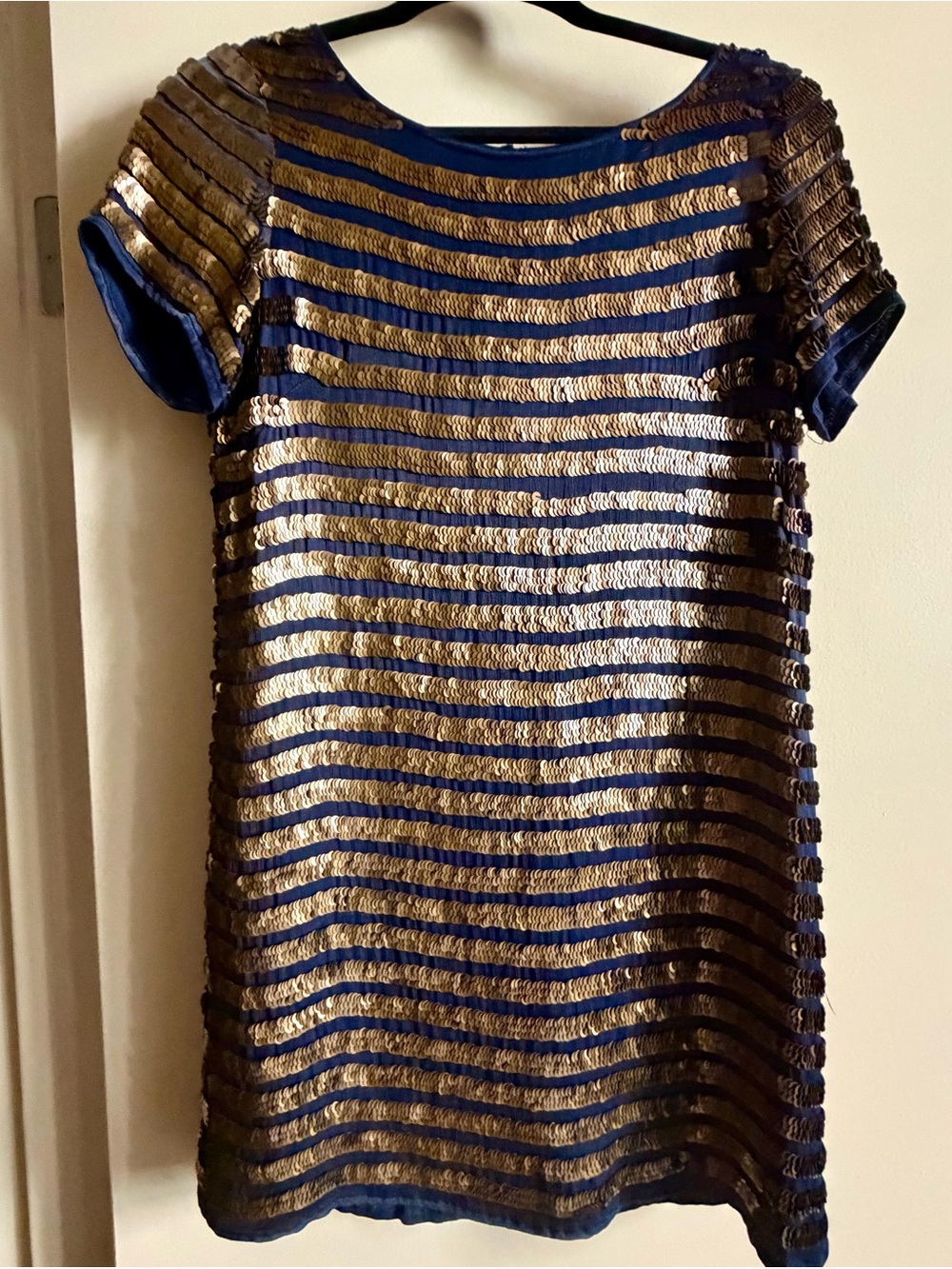 French Connection Navy and Gold Sequin Striped Shift Dress